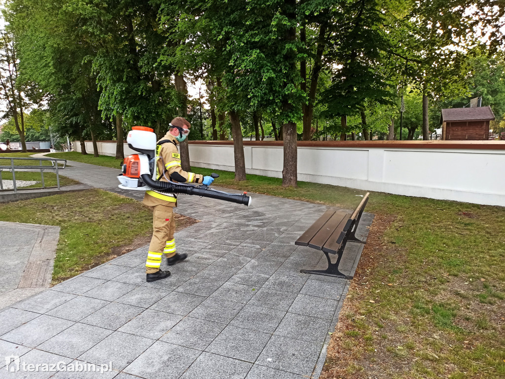 Strażacy dezynfekują miejsca publiczne.